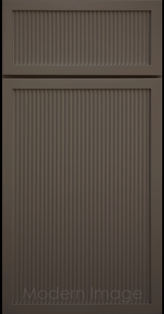Magnetic Gray Arcadia Reed Cabinet Door featuring a Narrow Frame and Slim Fluted Center Panel.